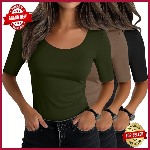 Slim Fit Scoop Neck Half Sleeve Tees 3-Pack Cotton Blend Stretchy